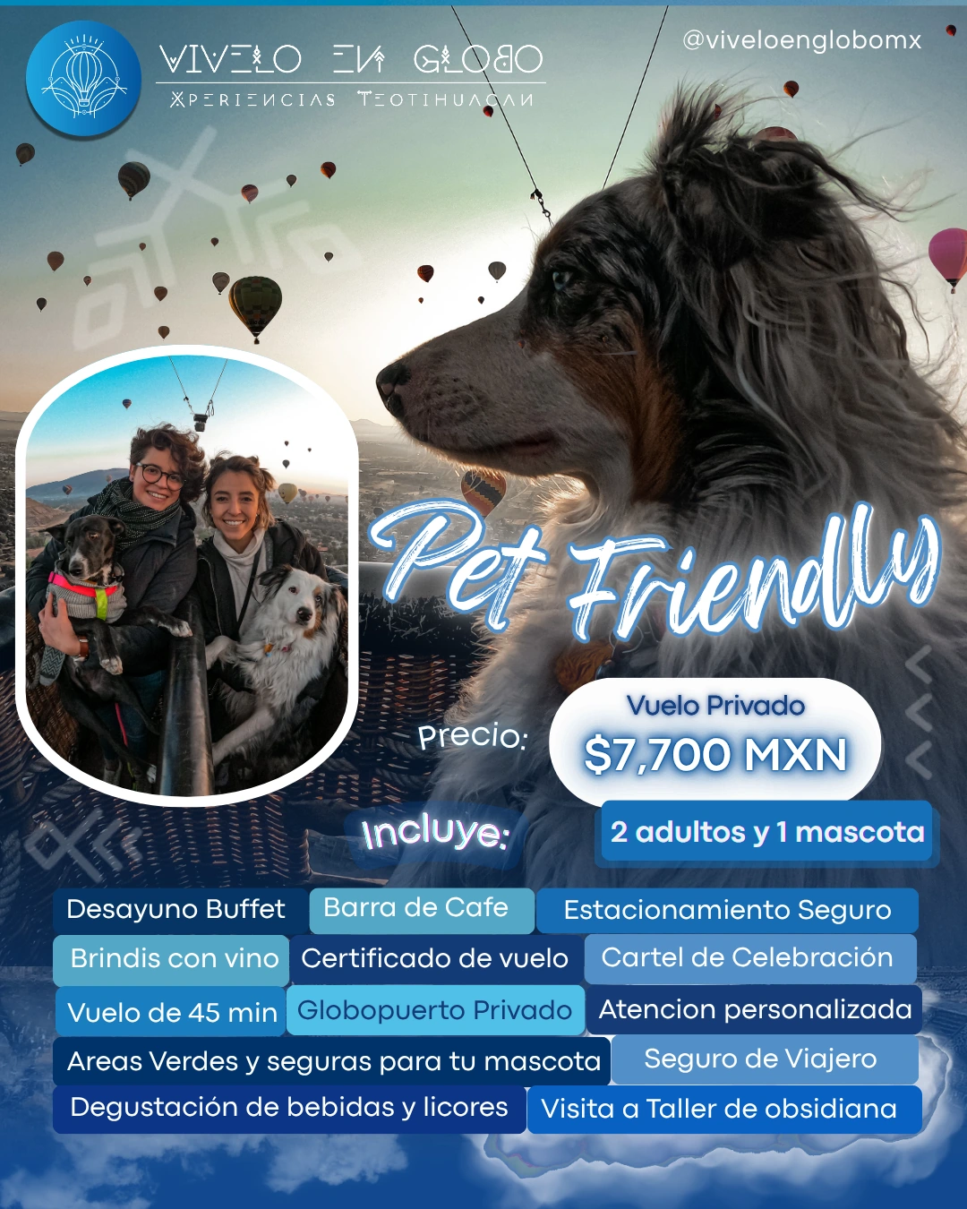 Flyer original de la experiencia Pet Friendly con perro y pasajeros